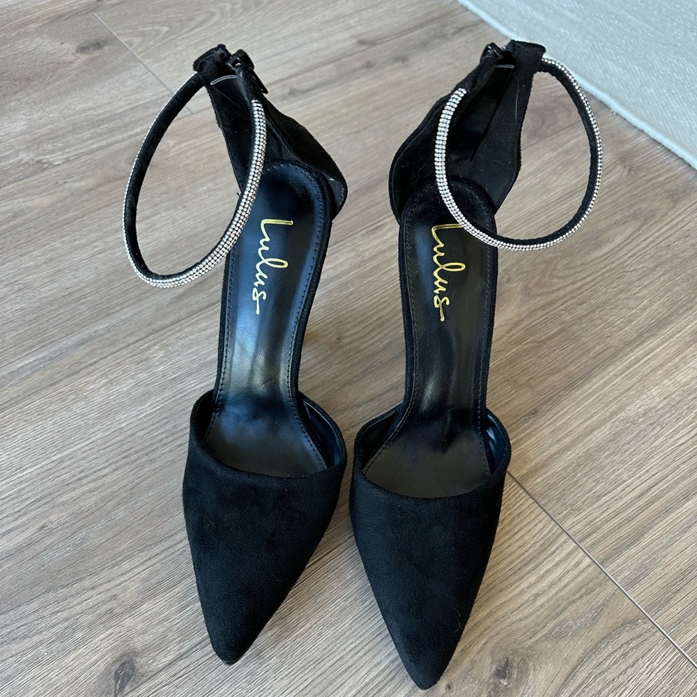 Lulus black heels with embellished strap, size 8.5, worn once